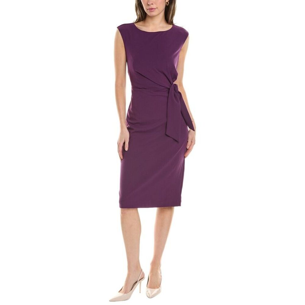 Tahari ASL Eggplant Sleeveless Midi Sheath Dress with Side Knot